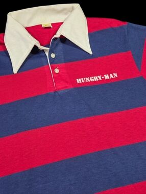 70s 80s Hungary-Man Polo Rugby Shirt Red Blue Single Stitch USA Velva Sheen XL